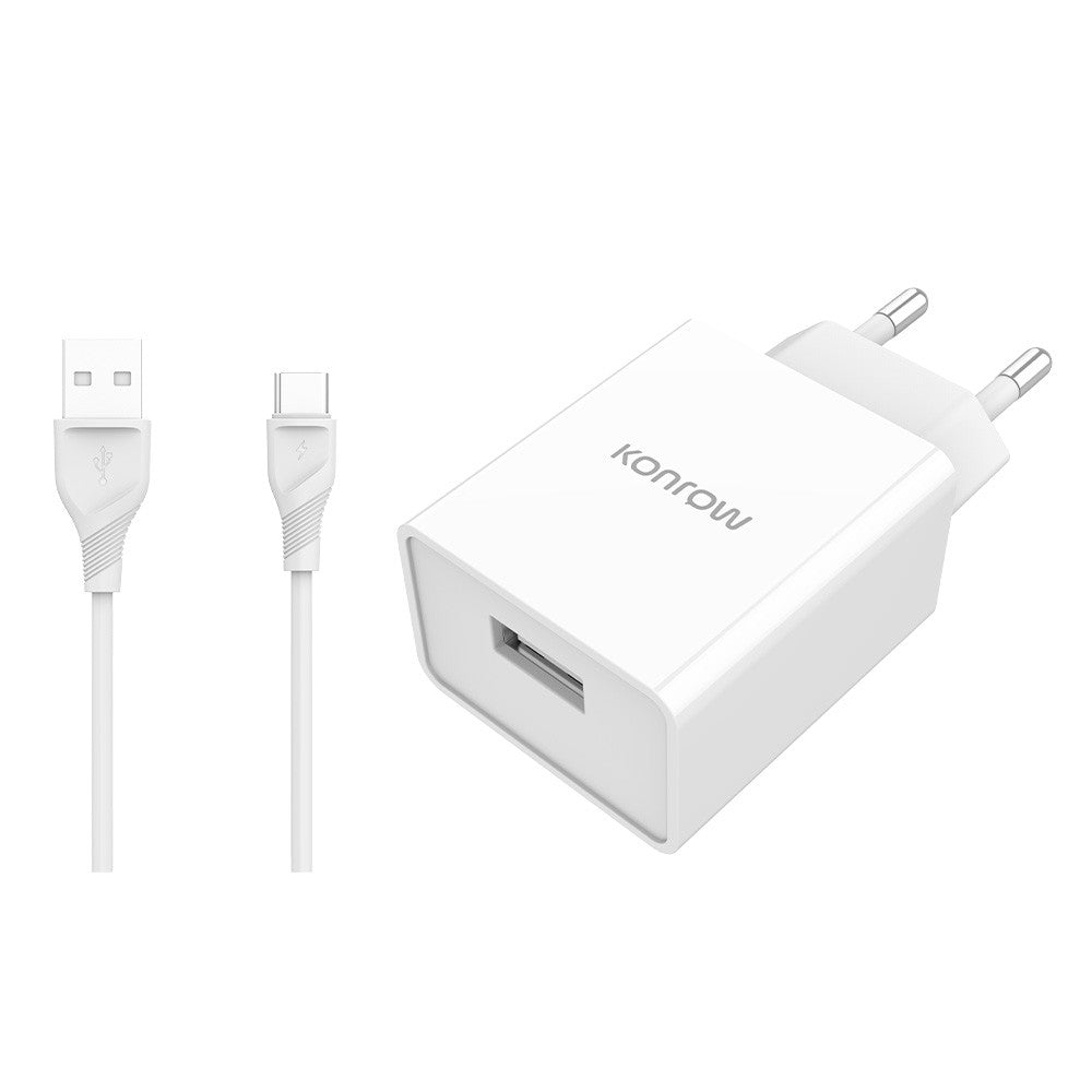 Konrow KK12AATC - Complete Mains Charger (12W USB Adapter & Detachable USB Type-C Cable, 1m) White (Compatible, Blister Pack)