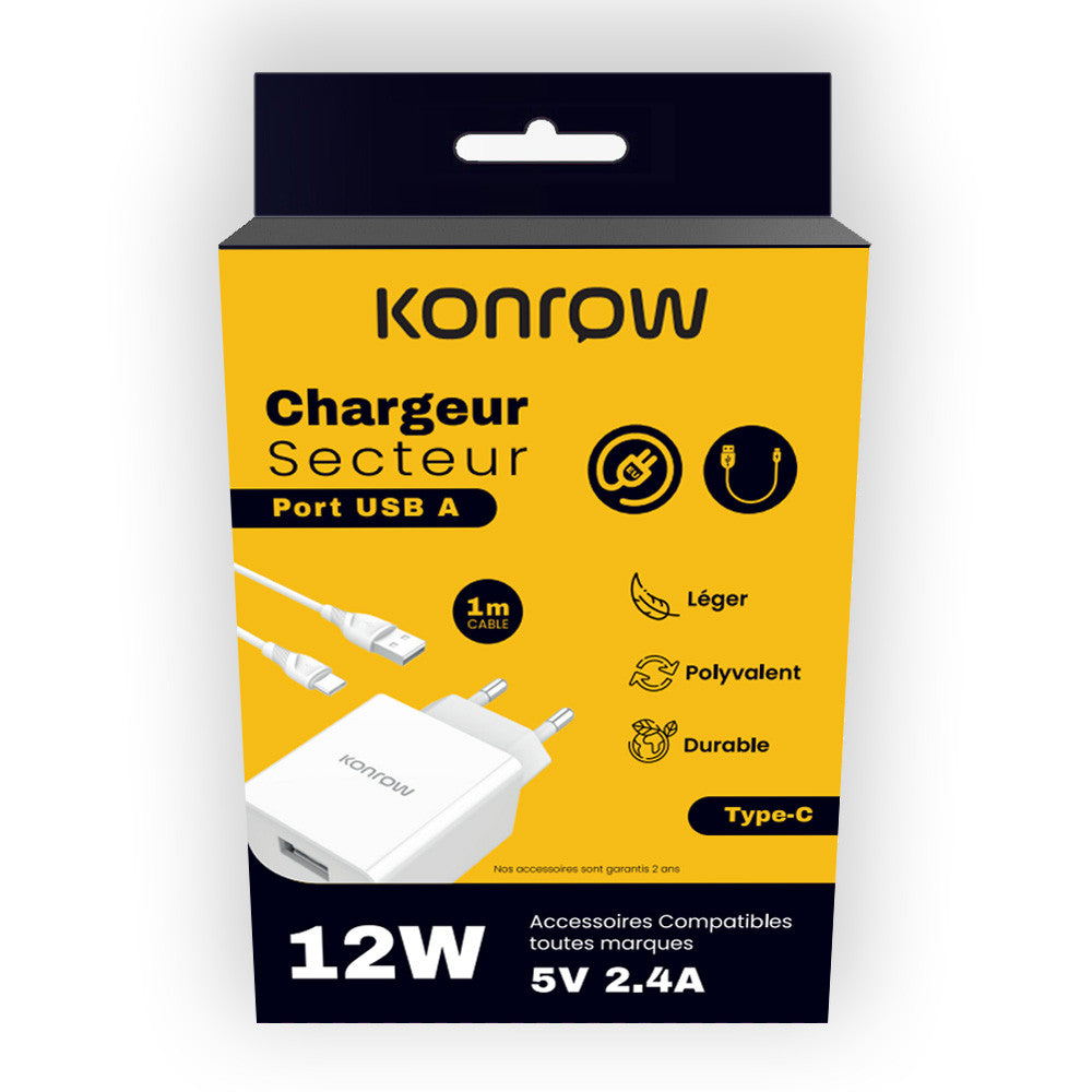 Konrow KK12AATC - Complete Mains Charger (12W USB Adapter & Detachable USB Type-C Cable, 1m) White (Compatible, Blister Pack)