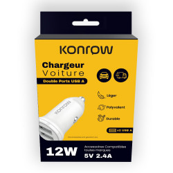 Konrow KCC12AAW - Adaptateur Allume-cigare 2 Ports USB A - Charge rapide 12W, Blanc (Compatible, Blister)