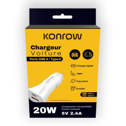 Konrow KCC20ACW - Adaptateur Allume-cigare 1 Port USB A & 1 Port USB Type C - Charge rapide 20W, Blanc (Compatible, Blister)