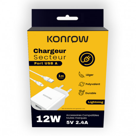 Konrow KK12AATL - Chargeur Secteur Complet (Adaptateur USB 12W & Câble Lightning détachable, 1m) Blanc (Compatible, Blister)