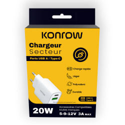 Konrow KC20ACW - Adaptateur Secteur 2 Ports Type A & Type C - Charge rapide 20W - Blanc (Blister)