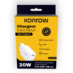 Konrow KC20CW - Adaptateur Secteur USB Type C - Charge rapide 20W - Blanc (Blister)
