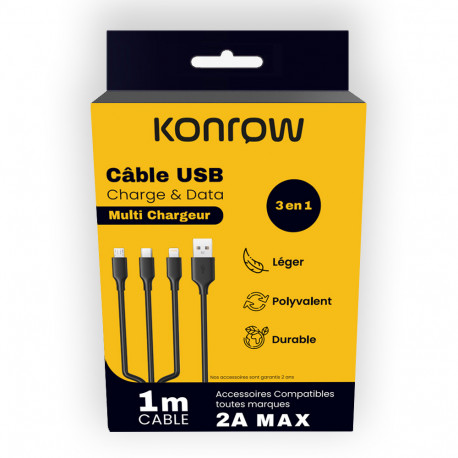 Konrow KC3IN1PB - Câble USB 3 en 1 - Type C & Micro USB & Lightning vers Type A - 1 M - Blanc (Compatible, Blister)