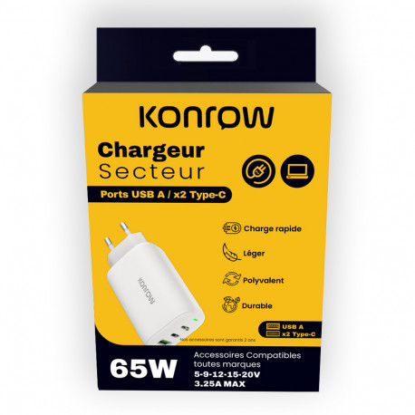 Konrow KC65ACCW - Adaptador de Corriente 3 Puertos (1 Puerto Tipo A y 2 Puertos Tipo C) Carga Rápida 65W, Blanco (Compatible, Bl