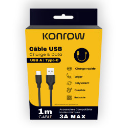 Konrow KCATCPB1- Câble USB Type C vers Type A (1m, 3A, Noir) - Emballage Original