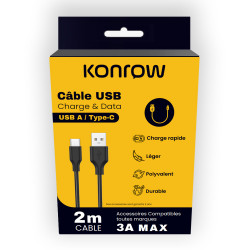 Konrow KCATCPB2 - Câble USB Type C vers Type A (2 M - 3A) - Noir (Compatible, Blister)