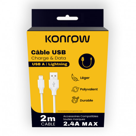 Konrow KCATLPW2 - Câble USB Lightning vers Type A (2 M - 2.4A) - Blanc (Compatible, Blister)