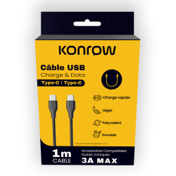 Konrow KCCTCPB1 - Câble USB Type C vers Type C (1 M - 3A) - Noir (Compatible, Blister)