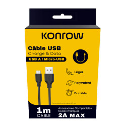 Konrow KCATMPB1 - Câble Micro USB vers Type A (1 M - 2A) - Noir (Compatible, Blister)
