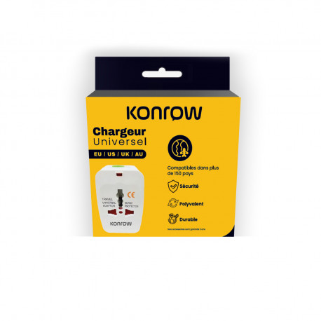 Konrow 931 - Adaptateur Universel - EU / US / UK / AU , Blanc (Blister)