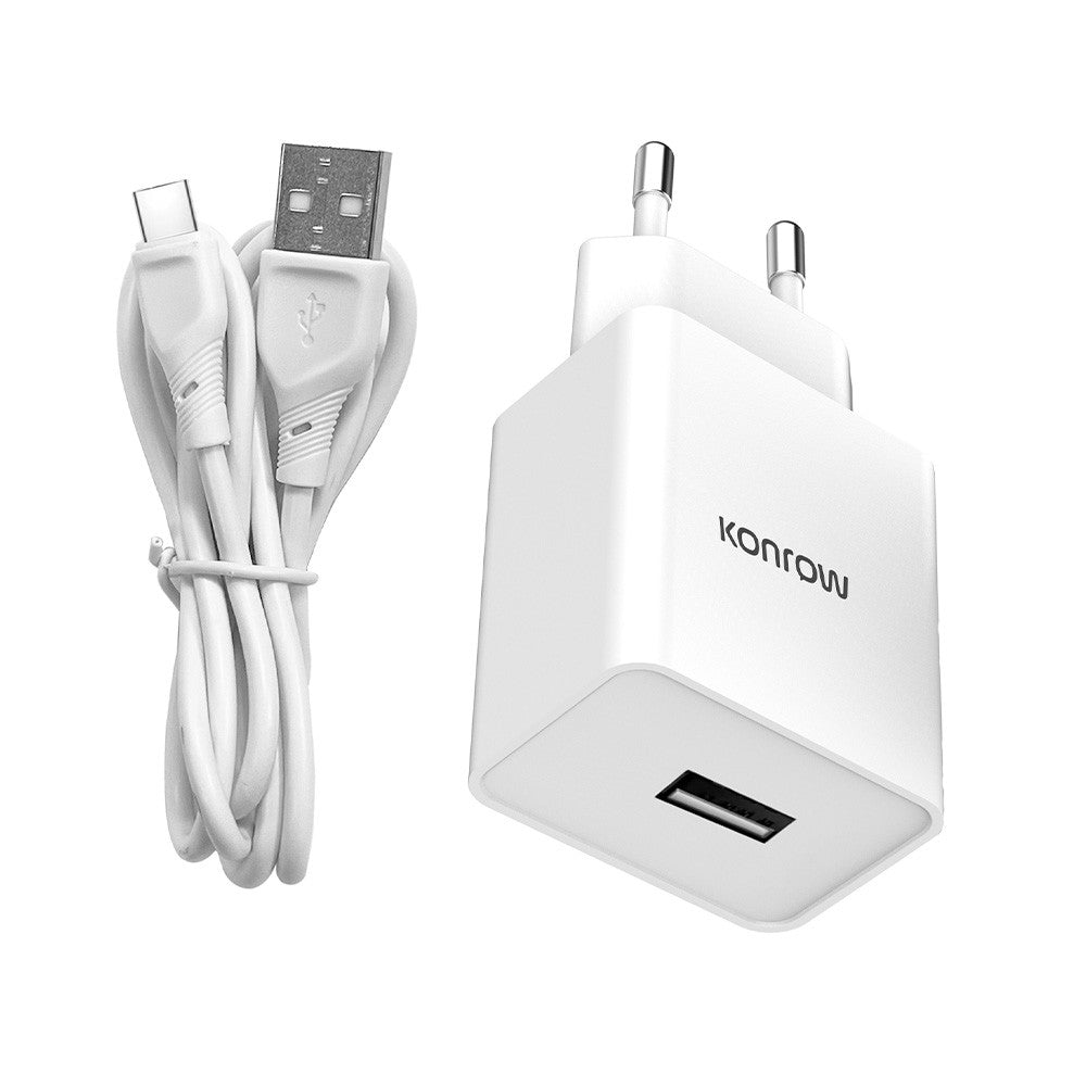 Konrow KK12AATC - Complete Mains Charger (12W USB Adapter & Detachable USB Type-C Cable, 1m) White (Compatible, Blister pack)