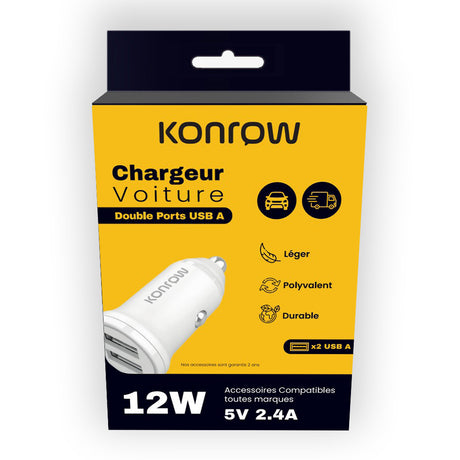 Konrow KCC12AAW - Adattatore accendisigari 2 porte USB - Ricarica rapida 12W, bianco (compatibile, blister)