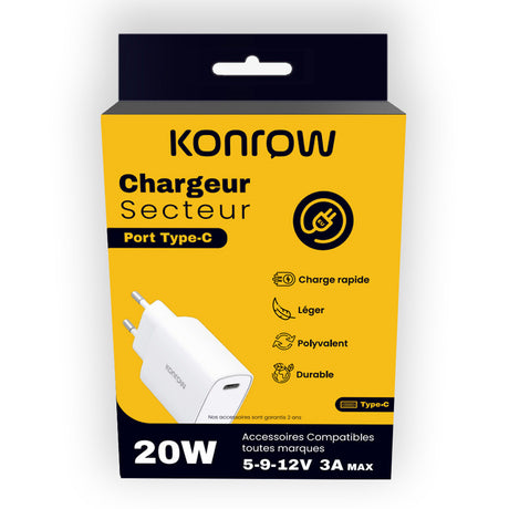 Konrow KC20CW - Adaptateur Secteur USB Type C - Charge rapide 20W, Blanc (Compatible, Blister)