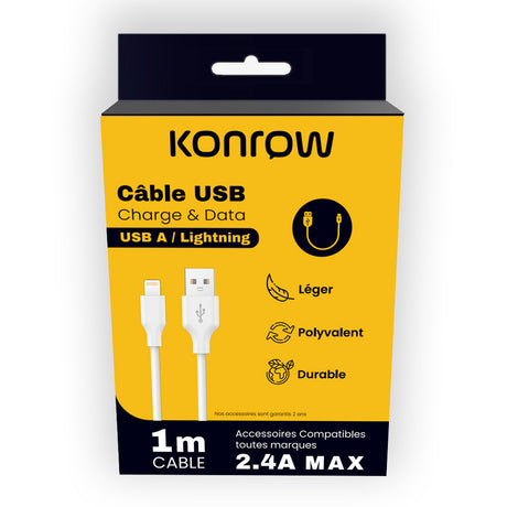 Konrow KCATLPW1 - USB-Lightning-auf-Typ-A-Kabel (1 m - 2.4A) - Weiß (Kompatibel, Blister)