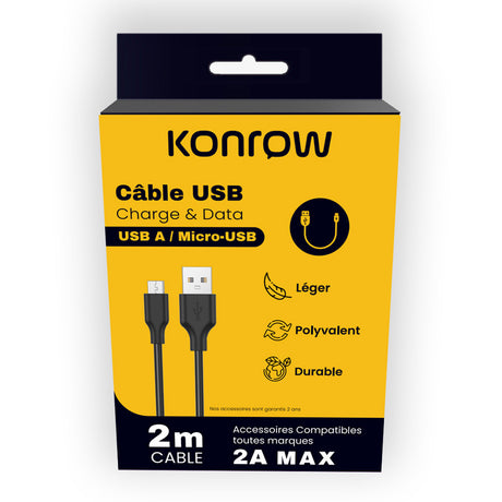 Konrow KCATMPB2 - Câble Micro USB vers Type A (2 M - 2A) - Noir (Compatible, Blister)