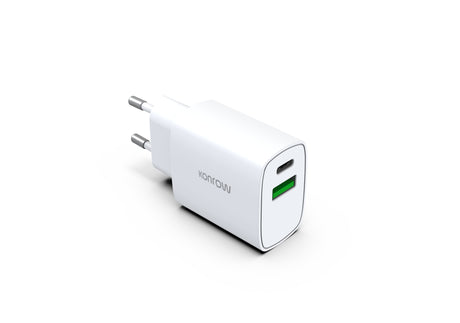 Konrow KC20ACW - Adaptateur Secteur 2 Ports Type A & Type C - Charge rapide 20W, Blanc (Compatible, Blister)