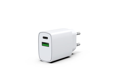 Konrow KC20ACW - Adaptateur Secteur 2 Ports Type A & Type C - Charge rapide 20W, Blanc (Compatible, Blister)